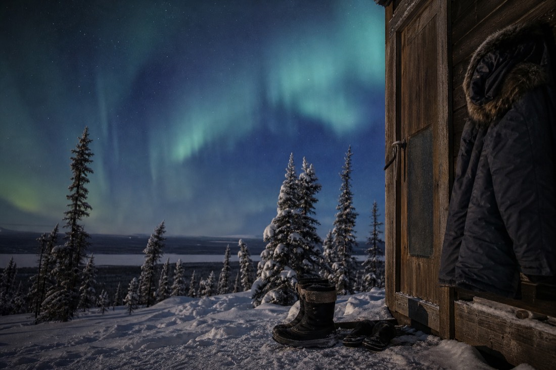 Winter parka, insulated boots and mitts staged by a wooden door ready for a fast exit