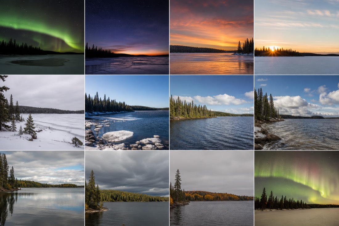 Calendar of northern seasons shown by a frozen lake landscape under changing light