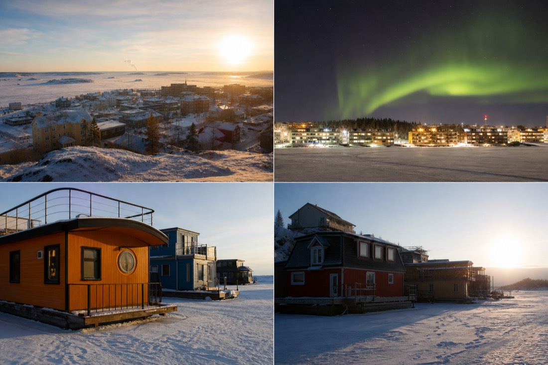 Old Town Yellowknife and houseboats on the frozen bay under low winter sun